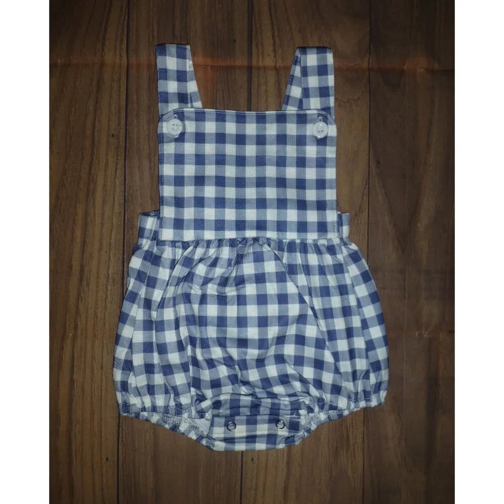 Boutique Baby Boys Blue Plaid Sleeveless Bubble Romper Jumpsuit - Picture 1 of 2
